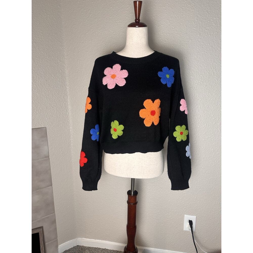 embroidered 3D multicolor flower black sweater spring colors vintage rainbow